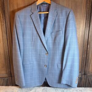 Lauren Ralph Lauren 48R Blue Windowpane Sport Coat Blazer Silk Wool Slim Fit